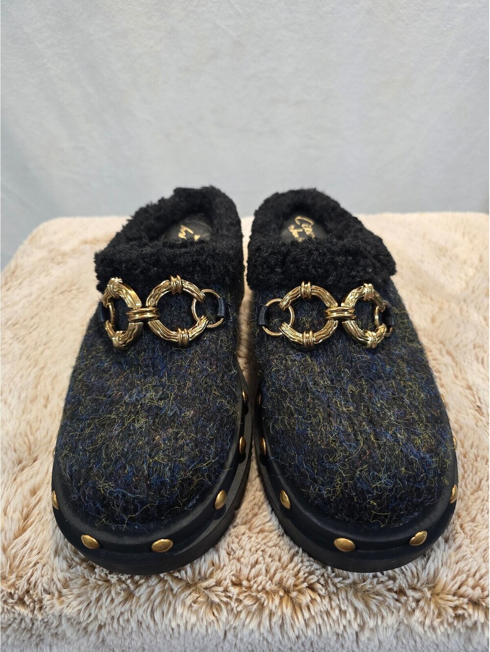 Circus by Sam Edelman Women's Black Wool Clog Mules with Gold Hardware size 8